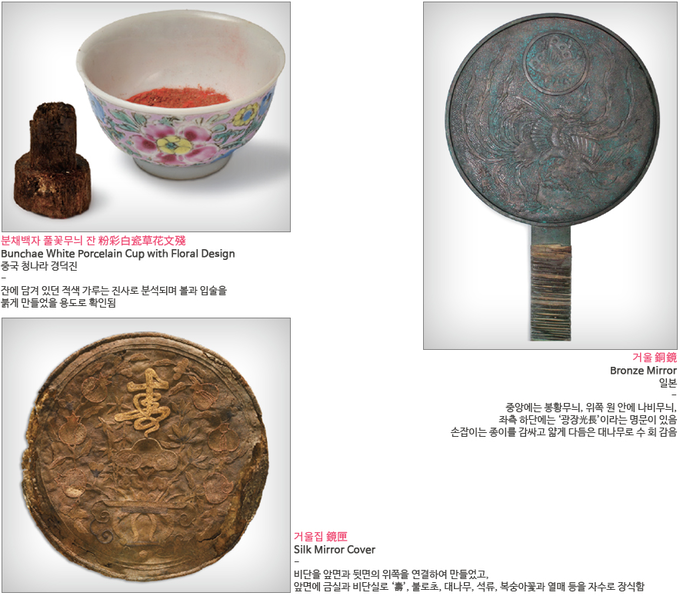 화협옹주의 묘에서 출토된 화장품과 미용 소도구, 도자기 등.