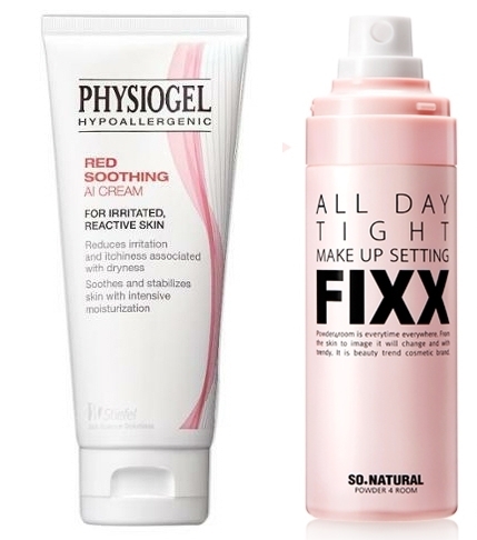 (왼쪽부터) 피지오겔 ‘레드수딩 AI 진정보습 크림’, 쏘내추럴 ‘올데이 메이크업 픽서’.