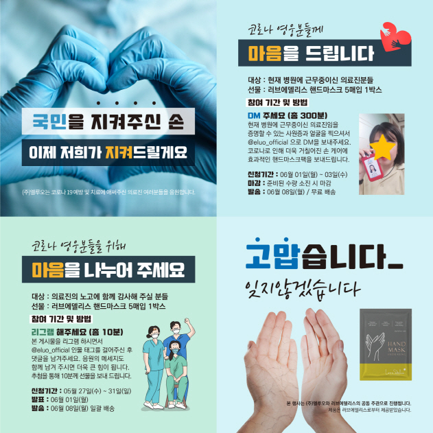 핸드·풋·헤어 등 특정부위 마스크팩 전문기업으로서의 위상을 강화하고 있는 (주)엘루오가 러브에델리스와 함께 코로나19로 희생하고 있는 의료진을 위해 마스크팩 기증 캠페인을 전개했다.