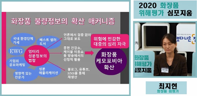 최근 식품의약품안전평가원이 온라인으로 개최한 화장품 위해평가 심포지엄에서 최지현 화장품비평가는 화장품 안전성은 성분이 아니라 불량 정보의 광범위한 유포에 의해 위협받고 있다고 신랄하게 비판했다. 사진은 최지현 화장품비평가의 발표 화면 캡처.