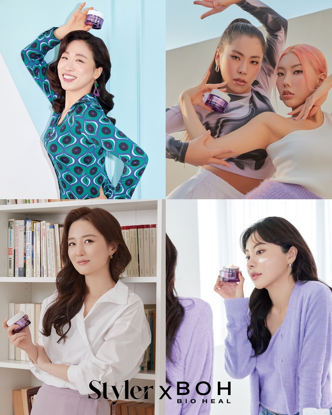 ▲ (왼쪽 위부터 시계 방향으로) 바이오힐보 탄탄크림 캠페인에 참가한 배우 이미도, 댄서 가비‧시미즈, 유튜버 조효진, 아나운서 김소영.