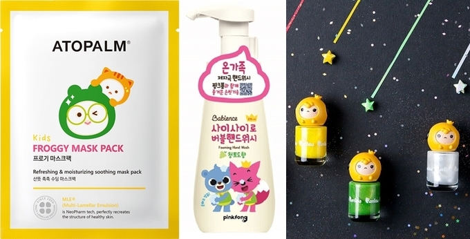 (왼쪽부터) 아토팜, 프로기 마스크팩, 베비언스 핑크퐁 버블 핸드워시, 뿌띠슈 블링팡팡 네일.