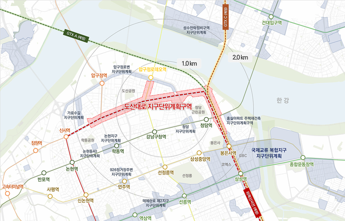 서울 강남구가 도산대로 일대를 뷰티‧문화 플랫폼으로 육성한다. 사진은 도산대로 지구단위계획구역. 