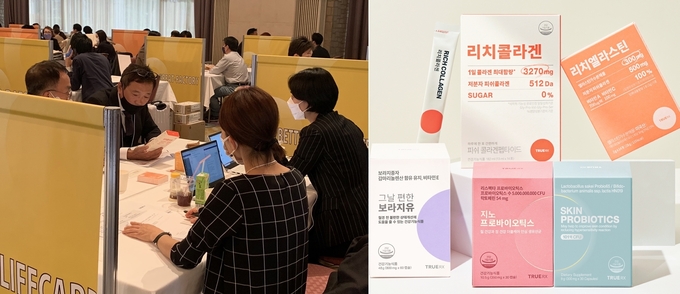 클리오라이프케어가 한일 산업교류대전에 참가해 상담을 진행하는 모습(왼쪽)과 주요 건강기능식품(오른쪽). 