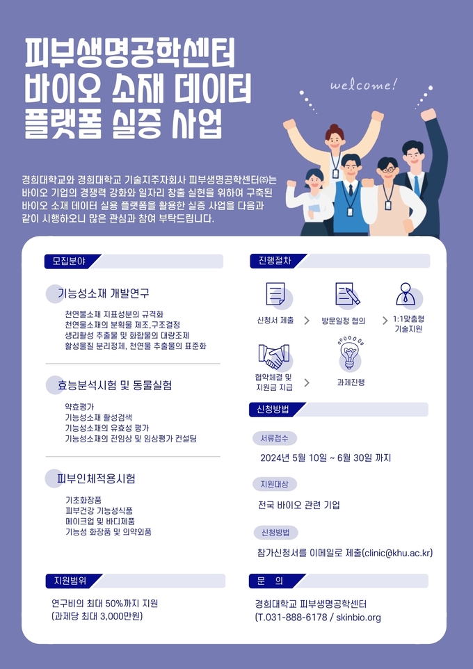 경희대학교 피부생명공학센터가 6월 30일까지 ‘2024년 바이오 소재 데이터 플랫폼 실증 사업’에 참여할 기업을 모집한다.