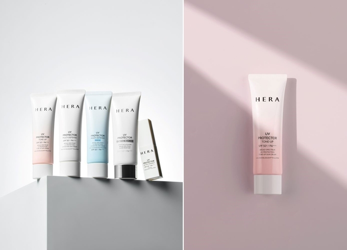 헤라의 선케어 라인 ‘UV 프로텍터’가 누적 판매 1천만 개를 돌파했다. 왼쪽은 라인을 구성하고 있는 전 품목, 오른쪽은 간판 제품 UV 프로텍터 톤 업.