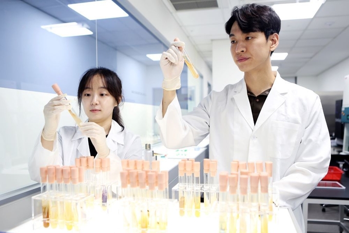 코스맥스 R&I센터 마이크로바이옴랩 연구원들이 피부 마이크로바이옴 배양액을 확인하고 있다.