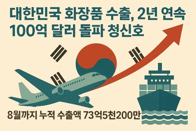 우리나라 화장품 수출이 8월까지 누적 실적 73억5천200만 달러를 기록하며 2년 연속 100억 달러 고지 돌파에 청신호를 올려주고 있다. <br>
<사진은 챗GPT의 이미지 생성 프로그램을 이용해 만들었음>