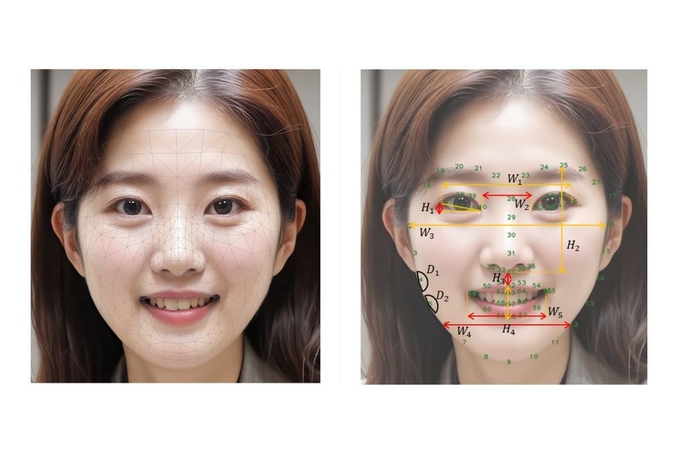 LG생활건강 연구팀이 ‘비전 AI’ 기술을 활용해 규명한 안면 특징점 추출 기술 적용 예시<사진 왼쪽>와 얼굴 부위별 6가지 노화 지표 정의 예시<사진 오른쪽>