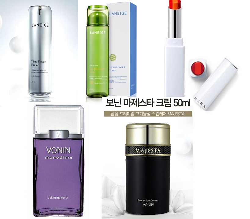 지난해 화장품 생산실적 상위 5품목. 사진 위부터 시계방향으로 라네즈 타임프리즈 에센스·라네즈 트러블 릴리프 토너·헤라 센슈얼 루즈5(이상 아모레퍼시픽)·보닌 마제스타 프로텍티브 크림·보닌 모노다임 밸런싱 토너(이상 LG생활건강).<사진제공: 아모레퍼시픽·LG생활건강 홍보팀> 지난해 화장품 생산실적 상위 5품목. 사진 위부터 시계방향으로 라네즈 타임프리즈 에센스·라네즈 트러블 릴리프 토너·헤라 센슈얼 루즈5(이상 아모레퍼시픽)·보닌 마제스타 프로텍티브 크림·보닌 모노다임 밸런싱 토너(이상 LG생활건강).