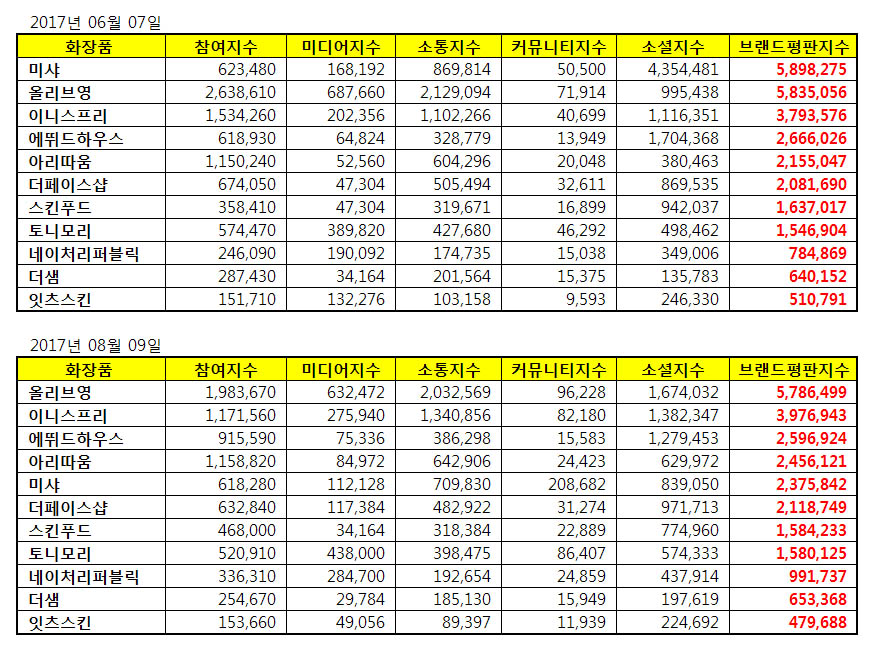 2017년 6월과 8월 화장품 전문점 브랜드 분석. 한국기업평판연구소 8월 화장품 전문점 브랜드 빅데이터 분석. 한국기업평판연구소