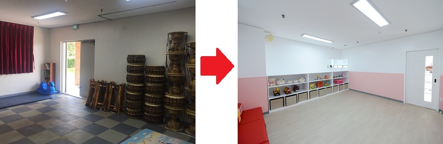 아모레퍼시픽복지재단이 지원한 공간문화 개선사업 변화 사례:경주 이산모자원 아동돌봄공간 개선 전<사진 왼쪽>과 개선 후.