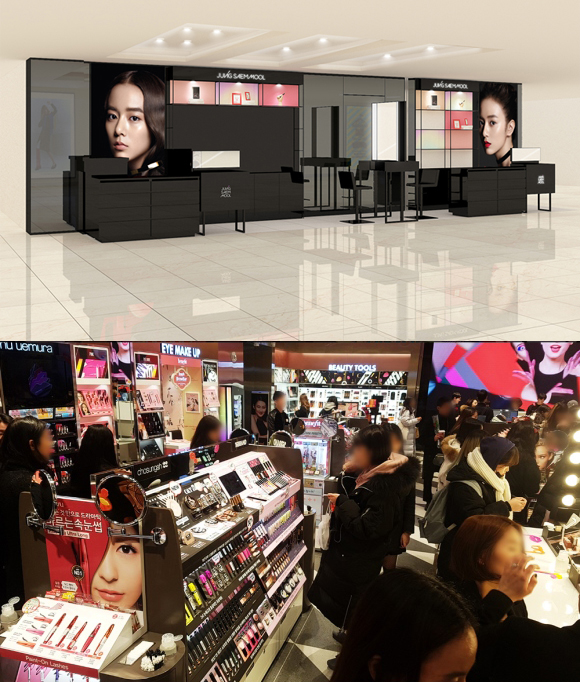 롯데백화점 본점에 오픈한 정샘물 팝업스토어(위)와 강남 시코르 조성아 매장