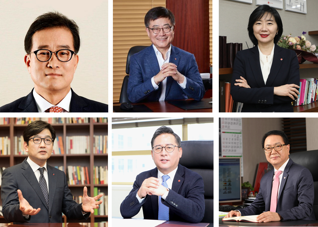 롯데 유통부문 수장들. 이원준 롯데유통부문 부회장, 강희태 롯데백화점 대표, 선우영 롭스 신임대표, 김종인 롯데마트 대표, 강종현 롯데슈퍼 대표, 정승인 세븐일레븐 대표(왼쪽 위부터 시계방향)