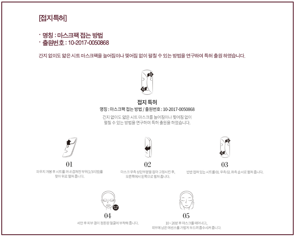 코스토리는 시트 마스크 팩 사이에 넣는 필름을 없애고, 특허 출원(출원번호 : 10-2017-0050868)한 접지 방식을 적용했다.