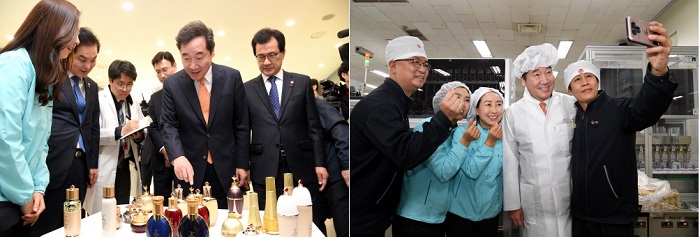 이낙연 국무총리가 지난 25일 LG생활건강 청주사업장을 방문, 화장품 업계 관계자 등과 소통하고 생산라인 근로자들을 직접 만나 격려했다. <사진제공·국무총리 비서실>