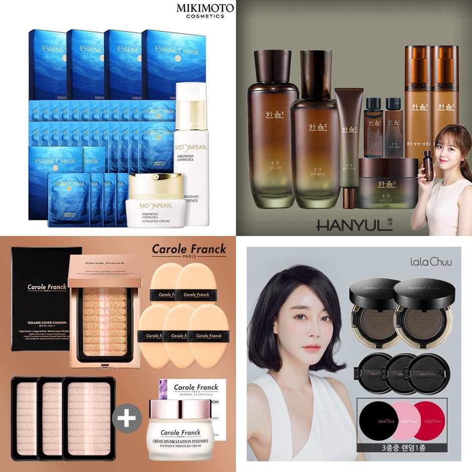 (왼쪽 위부터 시계 방향으로) △ 미키모토 진주 마스크 팩 △ 한율 송담 기초 탄력 세트 △ 캐롤 프랑크 일레븐 롤링 쿠션 △ 라라츄 볼륨 헤어 쿠션