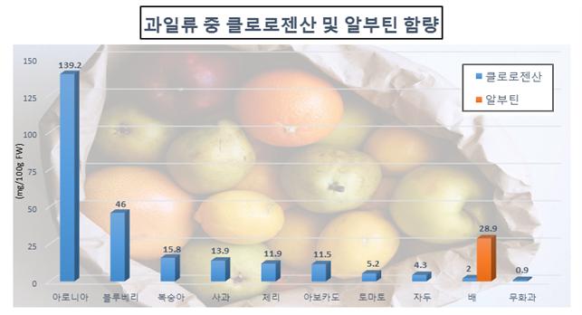 과일류 중 클로로젠산과 알부팀 함량 분석 그래프.