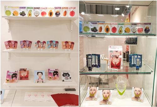 전시회에서 선보인 ㈜씨엔에프의 컬러 스파우트 시리즈 5종과 페이스 핏 리프트 업 마스크.
